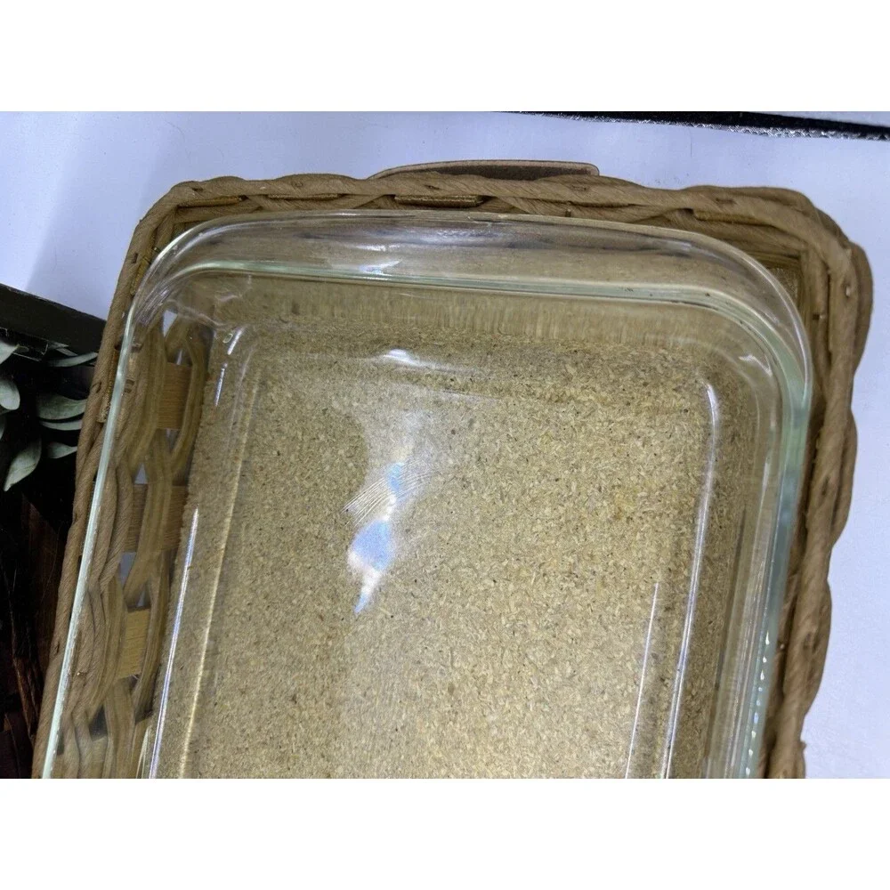 VTG 70s PYREX 2330 Baker in a Basket Clear 3 QT Utility Dish & Woven Basket 9x13